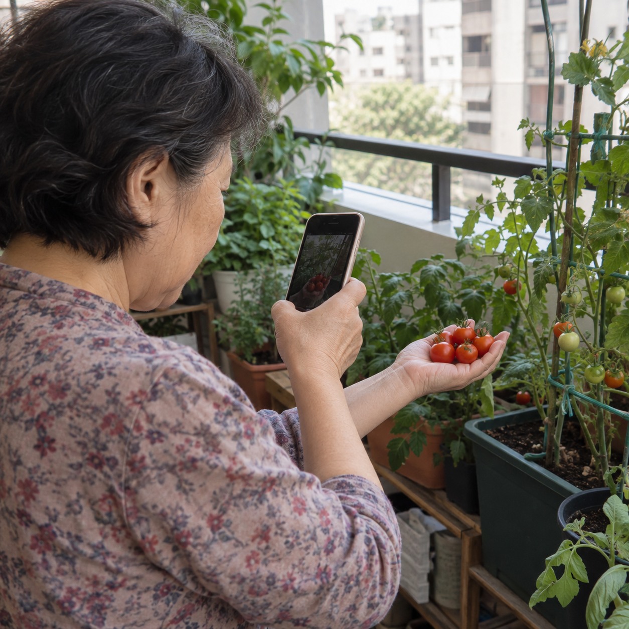 An illustrative parent photographing tomatoes in a balcony garden